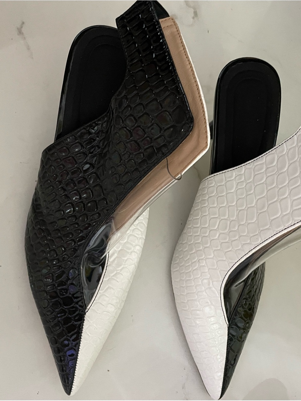 Source Unknown Croc-Embossed Pointed Toe Mules in Black & White